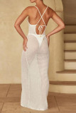 Vacation Solid Color Hollow Out See-Through Slit Swimwears Cover Up