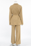 Casual Solid Color Pocket With Belt V Neck Long Sleeve Two Pieces