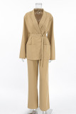 Casual Solid Color Pocket With Belt V Neck Long Sleeve Two Pieces