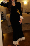 Elegant Solid Color Lace Patchwork Velvet Square Neck Wrapped Skirt Dresses