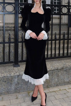 Elegant Solid Color Lace Patchwork Velvet Square Neck Wrapped Skirt Dresses