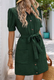 Casual Solid Color Pocket Lace Up Buckle Turndown Collar Short Sleeve Short Sleeve Dress