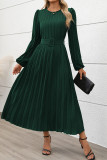 Elegant Solid Color With Belt Pleated O Neck Pleated Dresses