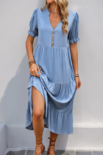 Elegant Solid Color Buttons Flounce V Neck A Line Short Sleeve Dress