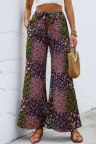 Vacation Floral Print Pocket Lace Up Loose High Waist Wide Leg Full Print Bottoms