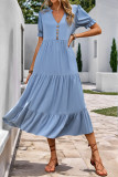 Elegant Solid Color Buttons Flounce V Neck A Line Short Sleeve Dress