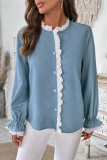 Daily Solid Color Lace Patchwork O Neck Tops