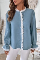 Daily Solid Color Lace Patchwork O Neck Tops