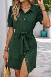 Casual Solid Color Pocket Lace Up Buckle Turndown Collar Short Sleeve Short Sleeve Dress