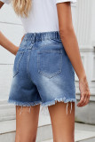 Casual Solid Color Ripped Distressed Irregular Mid Waist Regular Denim Shorts