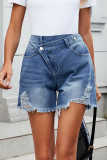 Casual Solid Color Ripped Distressed Irregular Mid Waist Regular Denim Shorts