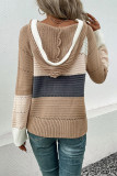 Casual Colorblock Draw String Weave Contrast Hooded Tops
