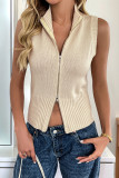 Casual Solid Color Zipper Mandarin Collar Tops