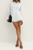 Casual Solid Color Draw String Buttons Cardigan Turndown Collar Long Sleeve Two Pieces
