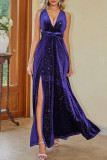 Sexy Prom Solid Color Backless Sequined Velvet Halter Evening Dresses