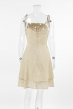 Daily Solid Color Lace Up Pleated Flounce Square Neck Sling Dresses
