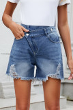 Casual Solid Color Ripped Distressed Irregular Mid Waist Regular Denim Shorts
