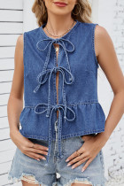 Casual Solid Color Lace Up O Neck Tops