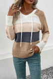 Casual Colorblock Draw String Weave Contrast Hooded Tops