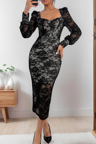 Sexy Solid Color Lace Square Neck Lace Dress Dresses