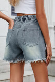 Casual Solid Color Rivets Tassel Mid Waist Loose Denim Shorts