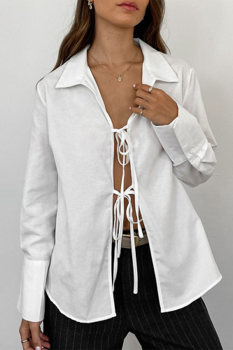 Sexy Solid Color Lace Up Turndown Collar Tops