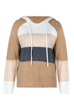 Casual Colorblock Draw String Weave Contrast Hooded Tops