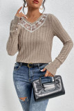 Casual Solid Color Lace Patchwork Potholes V Neck Tops