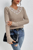 Casual Solid Color Lace Patchwork Potholes V Neck Tops