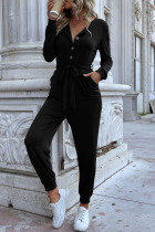 Casual Solid Color Pocket Buttons O Neck Jumpsuits