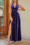 Sexy Prom Solid Color Backless Sequined Velvet Halter Evening Dresses