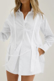 Casual Solid Color Draw String Buttons Cardigan Turndown Collar Long Sleeve Two Pieces