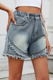 Casual Solid Color Rivets Tassel Mid Waist Loose Denim Shorts