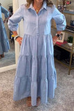 Casual Solid Color Pocket Flounce Turndown Collar A Line Dresses