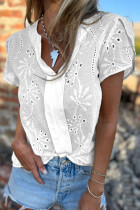 Daily Solid Color Embroidered V Neck Tops