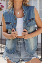 Casual Solid Color Distressed Zipper POLO collar Tops