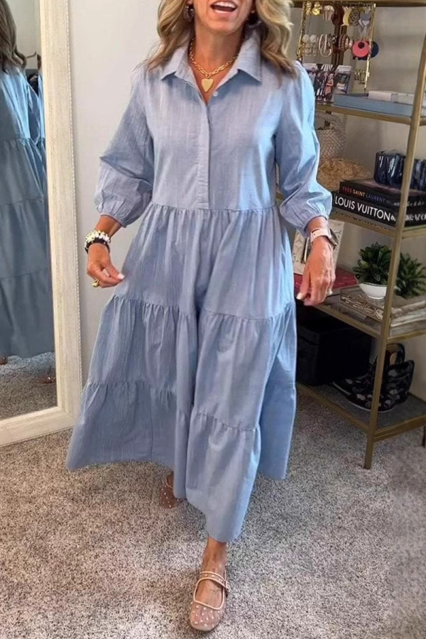 Casual Solid Color Pocket Flounce Turndown Collar A Line Dresses