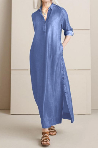 Casual Solid Color Distressed Pocket Slit Turndown Collar Long Dresses