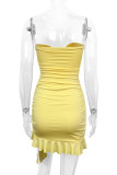 Sexy Solid Color Hollow Out Ruched Flounce Strapless Wrapped Skirt Dresses