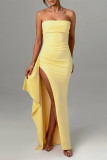 Sexy Solid Color Slit Flounce Strapless Evening Dresses