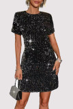 Casual Solid Color Sequins Sequined O Neck Short Sleeve Short Sleeve Dress