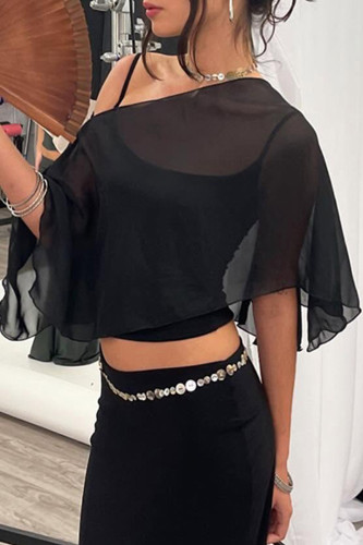Sexy Solid Color See-Through Irregular Mesh Two piece set