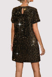 Casual Solid Color Sequins Sequined O Neck Short Sleeve Short Sleeve Dress