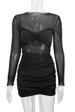 Sexy Solid Color Mesh O Neck Wrapped Skirt Dresses