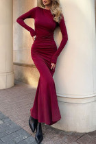 Elegant Solid Color Ruched O Neck Long Dresses