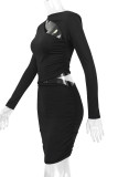 Sexy Solid Color Hollow Out O Neck Wrapped Skirt Dresses