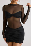 Sexy Solid Color Mesh O Neck Wrapped Skirt Dresses