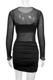 Sexy Solid Color Mesh O Neck Wrapped Skirt Dresses