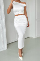 Sexy Solid Color Ruched Sloping Shoulder Two Pieces