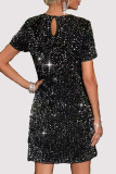 Casual Solid Color Sequins Sequined O Neck Short Sleeve Short Sleeve Dress